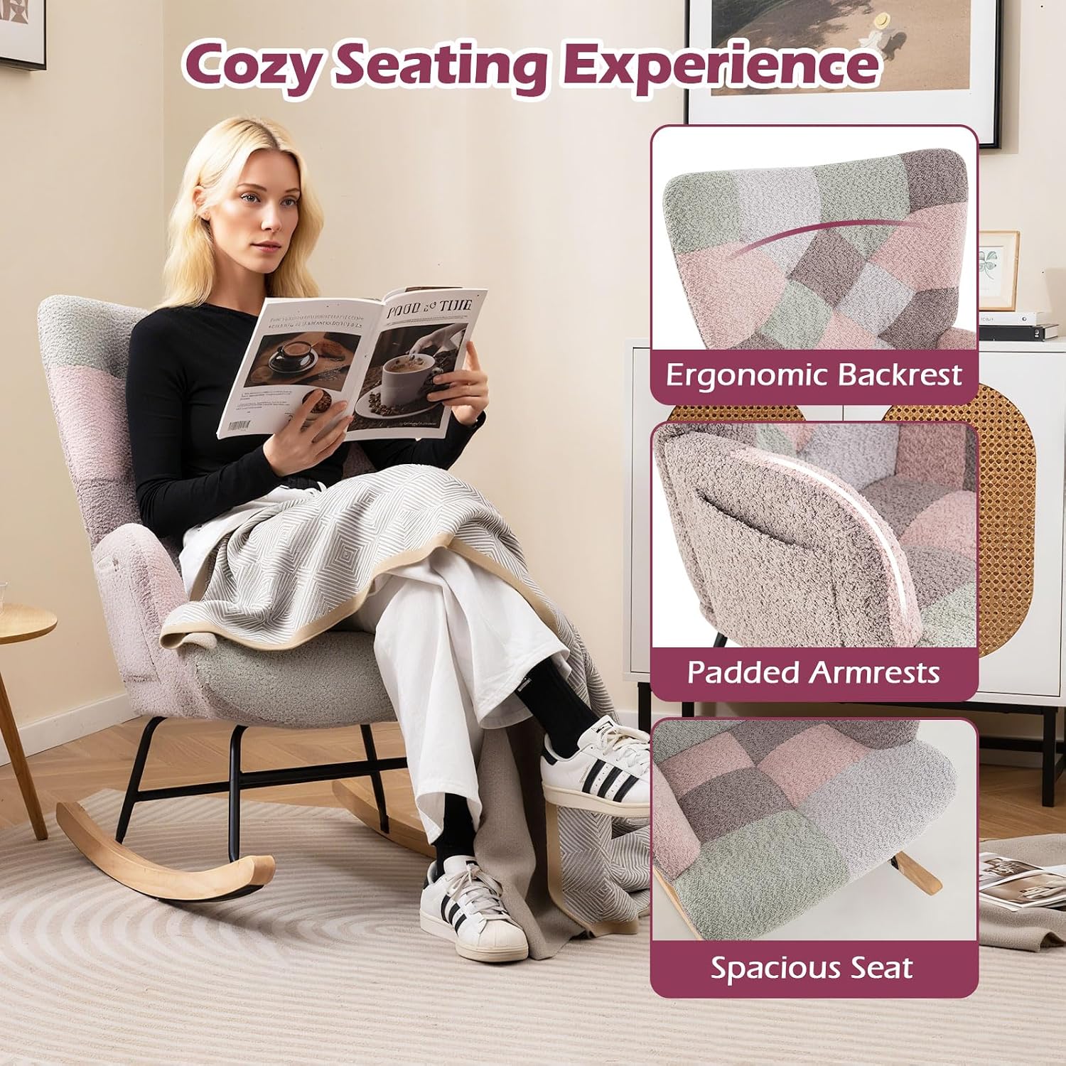 Giantex Rocking Chair Nursery, Boucle Upholstered Glider Rocker w/Ergonomic High Backrest, Rubber Wood Legs & Side Pocket, Patchwork Modern Accent Chair for Bedroom, Living Room, Offices