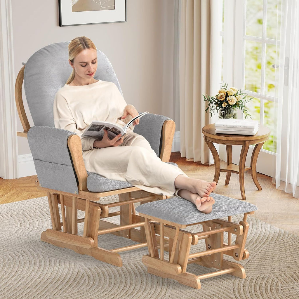 Costzon Nursery Glider with Ottoman, Upholstered Comfort Glider Rocker with Padded Cushion, Storage Pocket, Solid Wood Base, Rocking Chair Nursery for Breastfeeding, Napping (Natural)