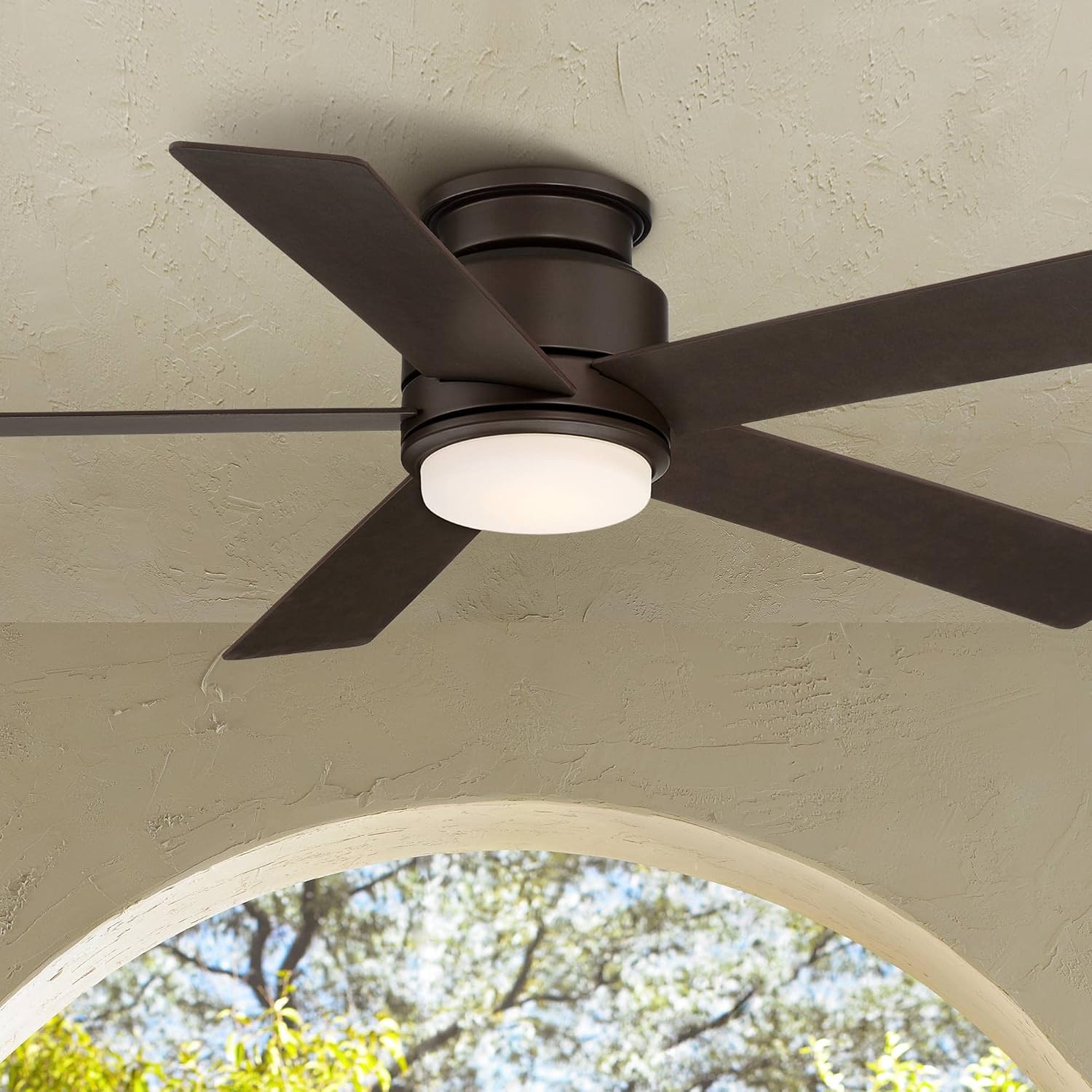 Casa Vieja 52' Grand Palm Modern Outdoor Hugger Ceiling Fan with Dimmable LED Light Remote Control Oil Rubbed Bronze White Opal Glass Damp Rated for Patio Exterior House Porch Gazebo