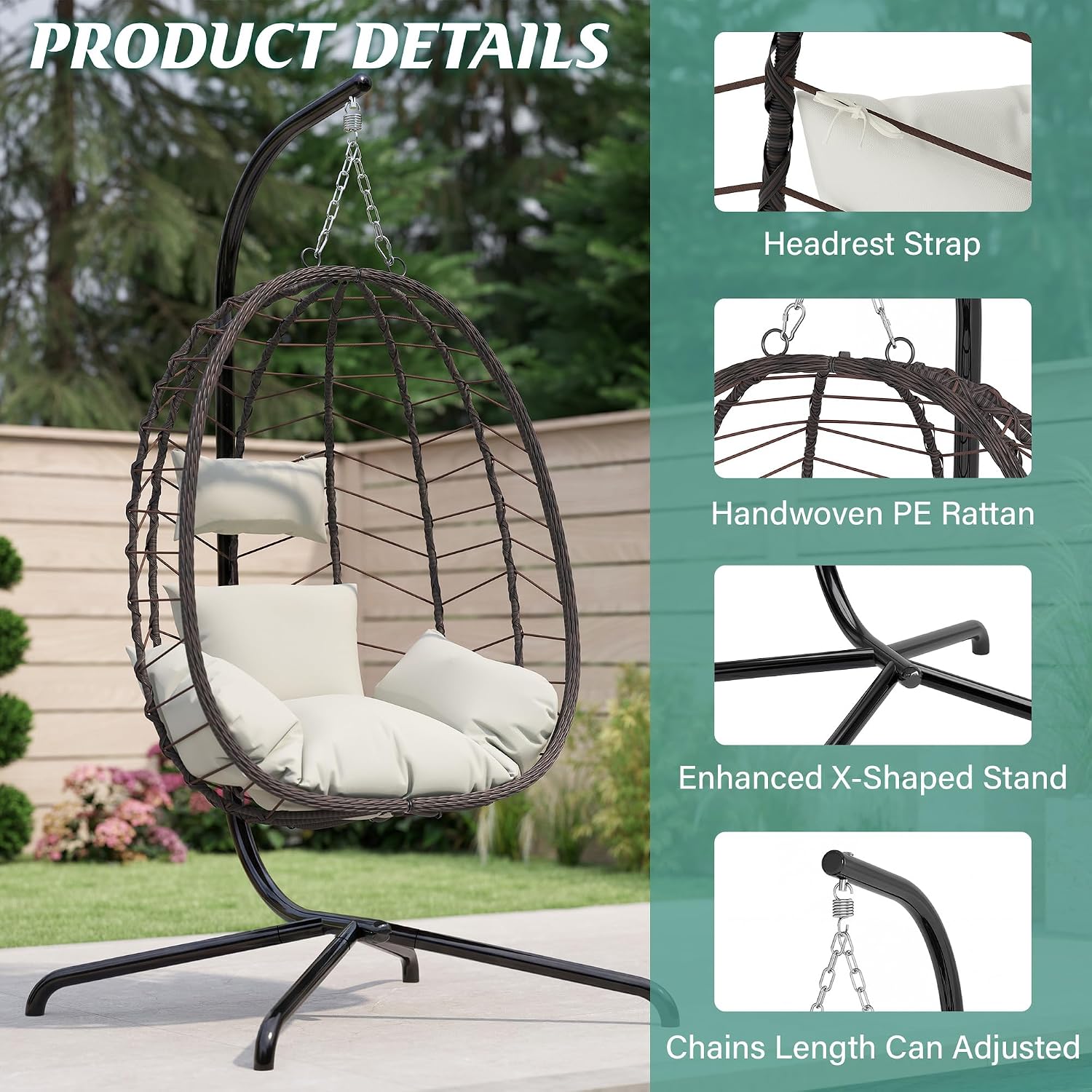 LEX CRAFT Hanging Egg Chair with Stand, Swinging Egg Chair Outdoor Indoor, Hanging Basket Chair with Cushion, Patio Wicker Hammock Chair 350lbs Capacity for Porch, Balcony, Backyard, Garden (Beige)