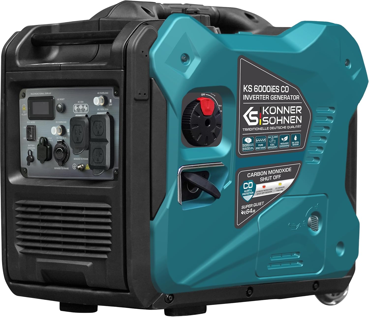 Konner&Sohnen Gas Inverter Generator - 5500 Watt, 120V/240 V, Portable and Lightweight, Super Quiet with Pure Sine Wave and CO Sensor (German brand, model: KS 6000iES CO)