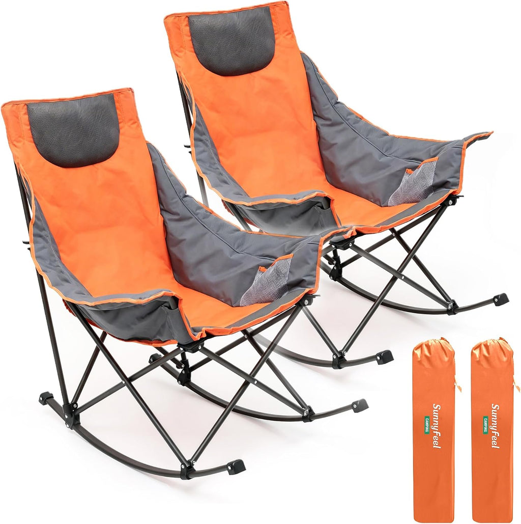 SUNNYFEEL Oversized Rocking Camping Chair 2 Pack, Fully Padded Patio Chair with Side Pocket, High Back Portable Lawn Recliner with Carry Bag, Outdoor Rocker Camp Chairs for Adults Heavy Duty 500 LBS