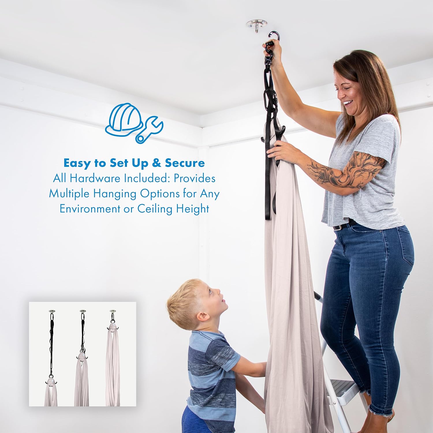 Harkla Sensory Swing for Kids & Adults - Holds 300lbs, Indoor Outdoor Sensory Swing for Hug Like Calming Effect - Durable Soft Stretch Fabric and Heavy Duty Hardware (Gray, 100' Swing + 5' Swivel)