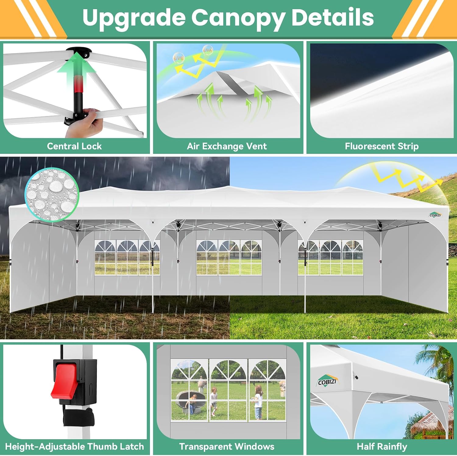 COBIZI 10x30 Pop Up Canopy Tent, Outdoor Party Tent with 5 Sidewalls, 1 Person Easy Set up, Tents for Parties with Fluorescent Strip & 4 Sandbags, Waterproof UPF50+, 3 Adjustable Height, White