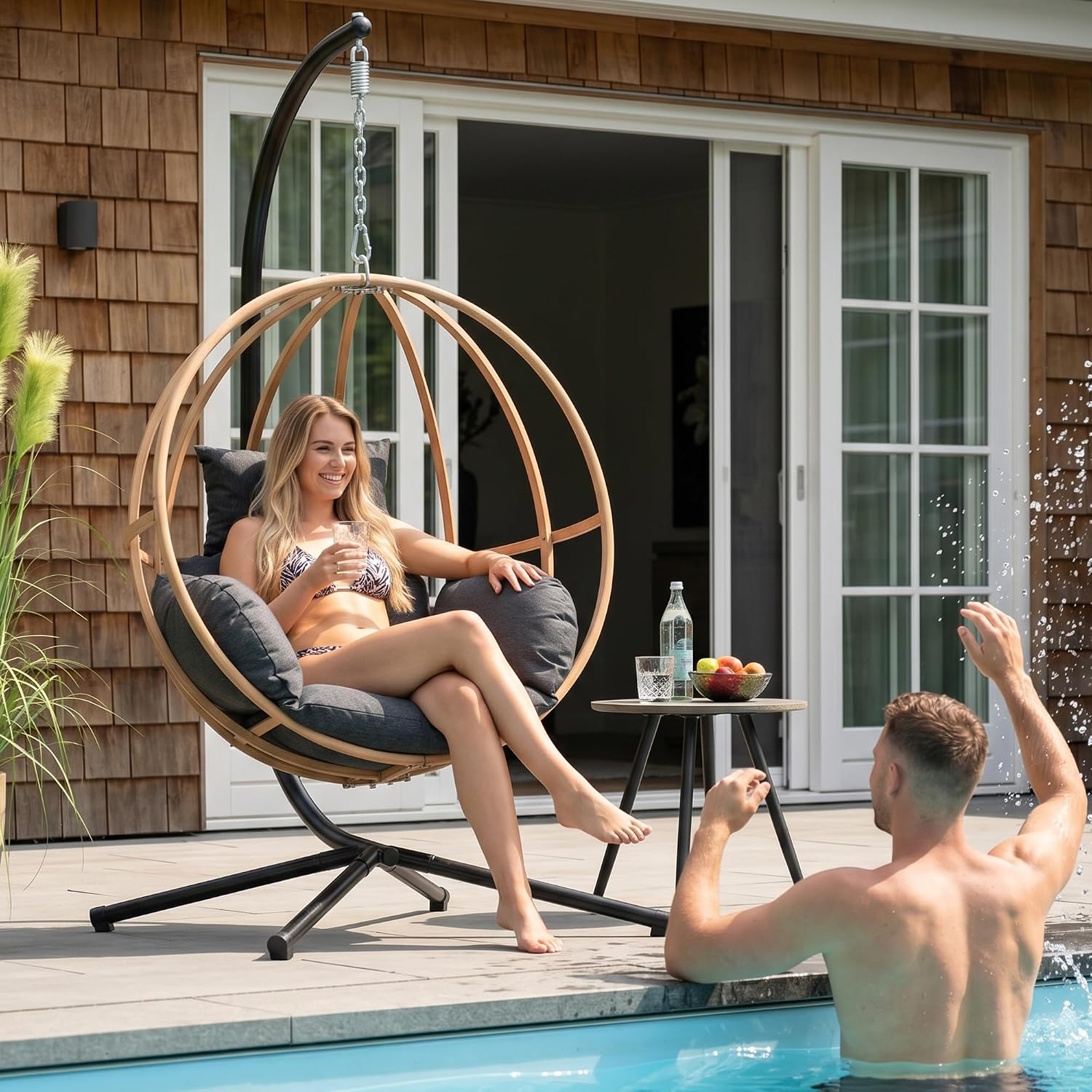 Egg Chairs Outdoor, Metal Hanging Egg Chair with Cushions, Heavy Duty 400LBS Imitation Wicker Egg Swing Chair with Stand, 80' H Hanging Chairs Cozy Basket Seat for Bedroom/Balcony, Charcoal