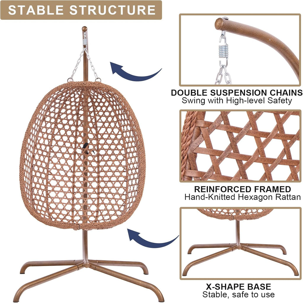 Indoor Hanging Chair with Stand for Bedroom, Patio Rattan Wicker Swing Egg Chair for Porch Garden Outdoor, Hammock Egg Swing Chair with UV Resistant Cushion, 350LBS Capacity (Beige)