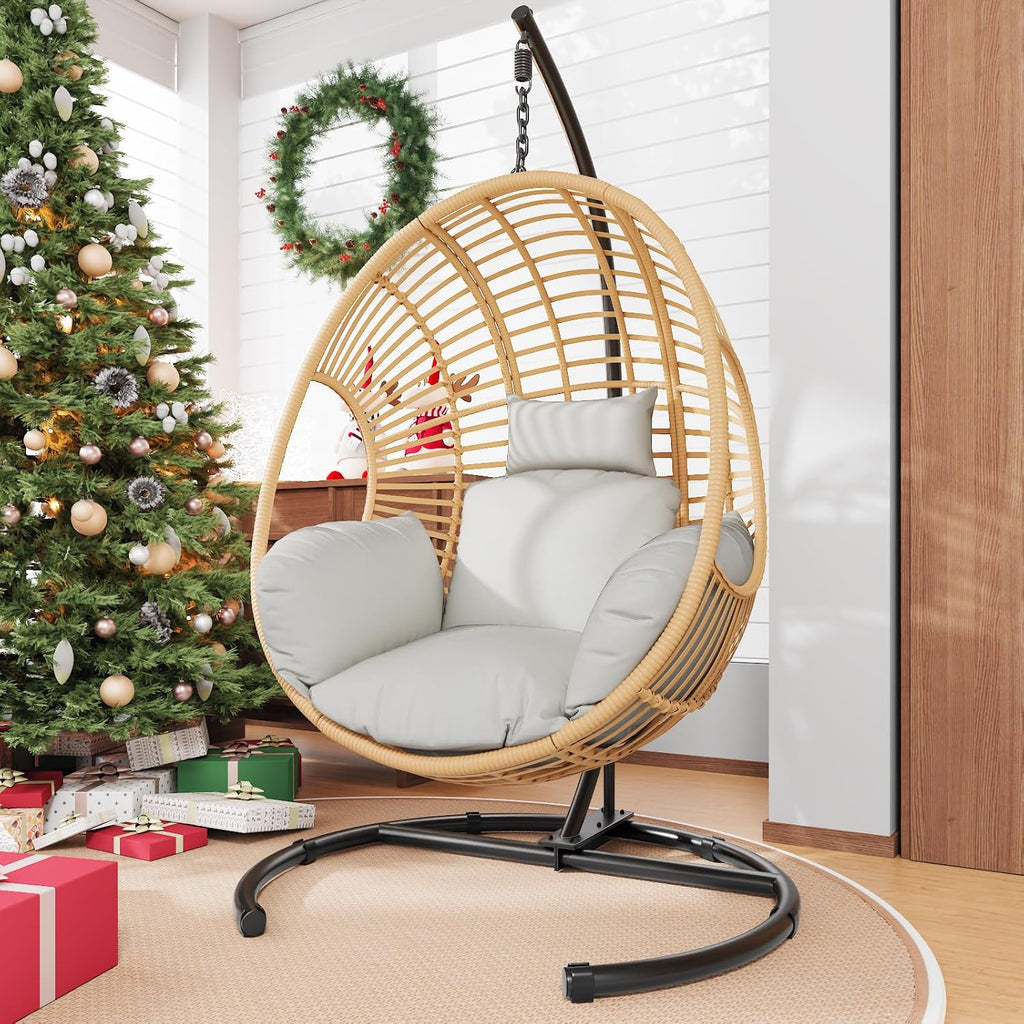 Hanging Egg Chair with Stand - Egg Swing Chair Outdoor Indoor Patio Wicker Chair Swing Hammock Egg Chairs 400lbs Capacity for Outside Patio, Bedroom, Garden, Balcony（Beige-Regular, 1PC