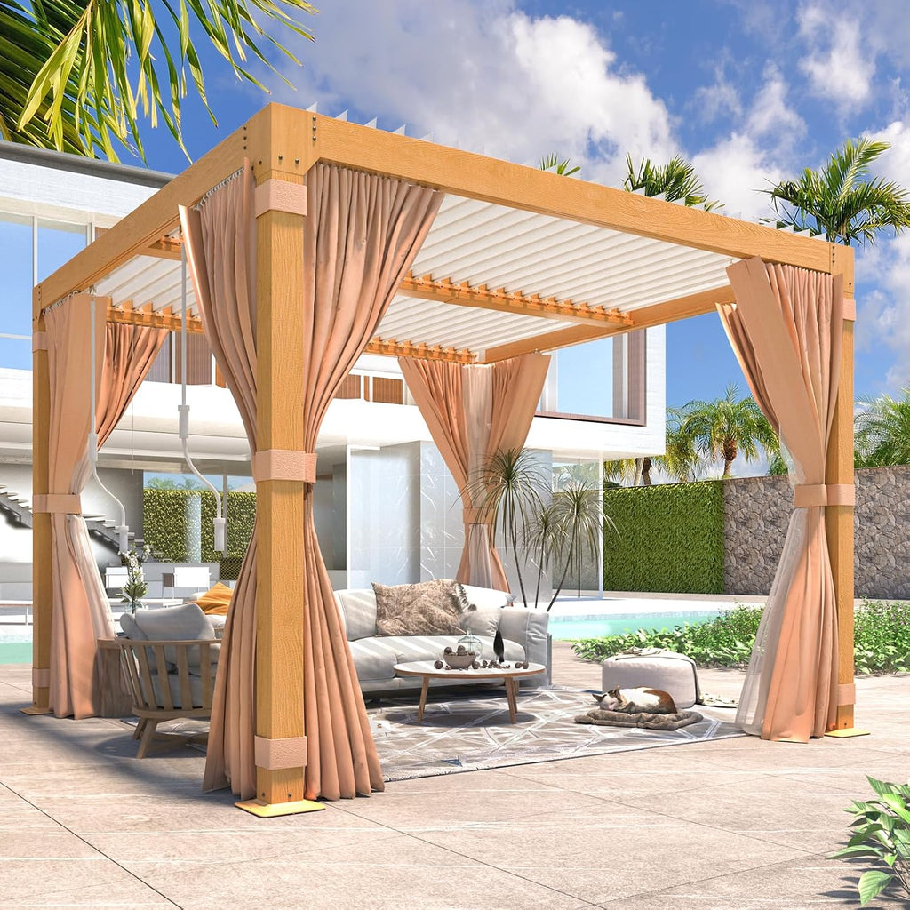 MELLCOM Louvered Pergola - 10x10 Aluminum Pergola with Adjustable Louvered Roof and Waterproof Curtains and Nets