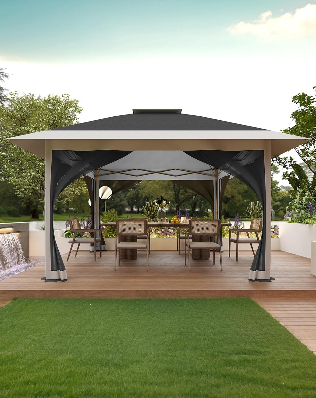 KYBOLT 12x12 Pop Up Gazebo Instant Canopy Tent with Netting 4 Stanbags Outdoor Shelter for Lawn, Garden, Backyard, Deck (Charcoal Grey + Light Grey)