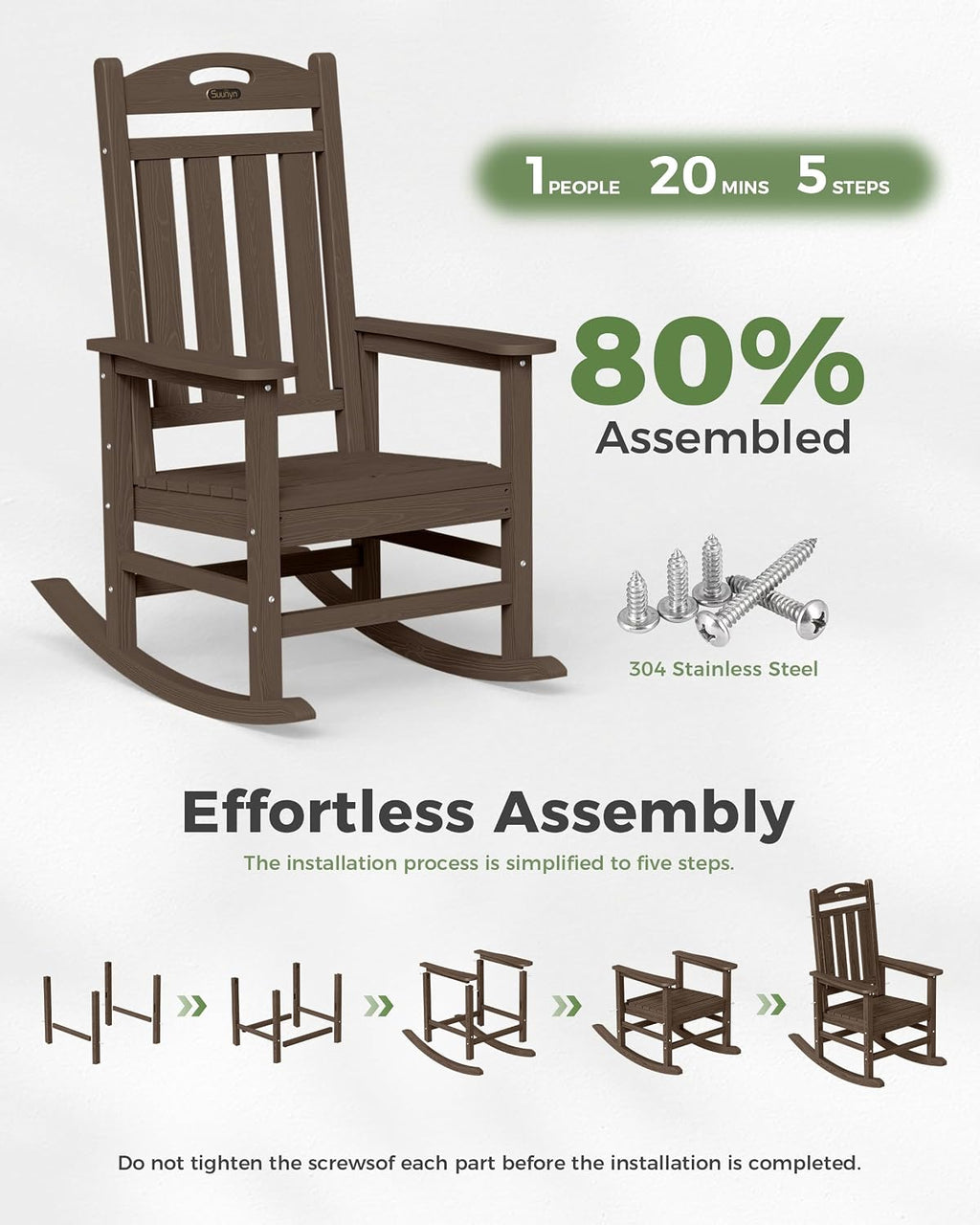 Oversized Outdoor Rocking Chairs Set of 2, High Back Porch Rocker Chair, HDPE All Weather Resistant Rocking Chairs for Patio, 380lbs Weight Capacity, Brown