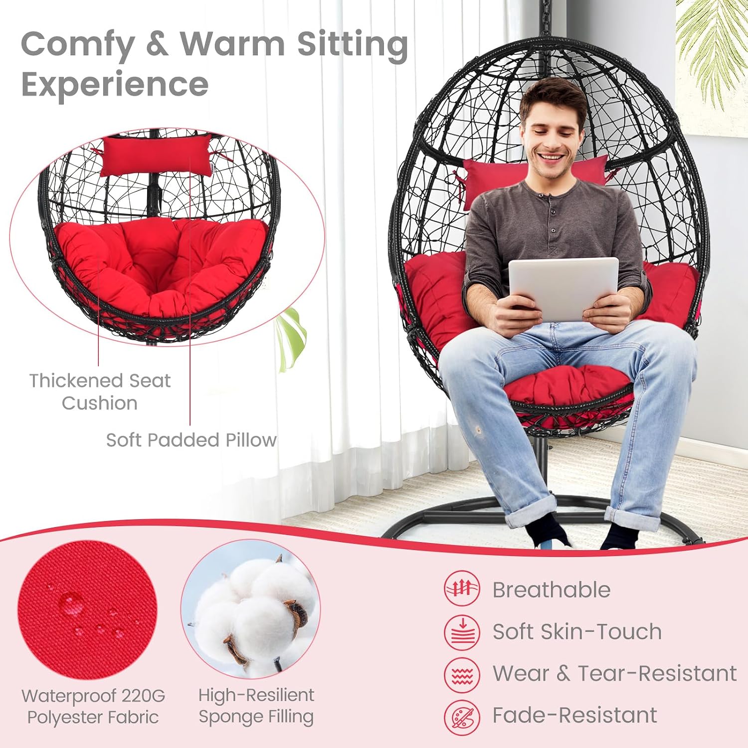 Tangkula Egg Chair with Stand, Hanging Egg Swing Chair with Removable Seat Cushion & Headrest, All-Weather Indoor Outdoor Hanging PE Wicker Egg Chairs for Outside, Balcony, Bedroom (Red)