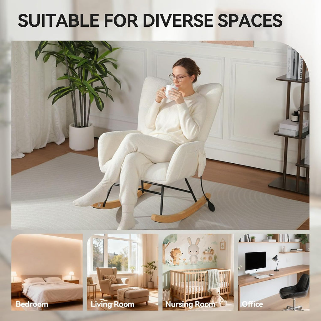 Rocking Chair with Airbag, Comfy Modern Reading & Nursing Nursery Rocking Chair Indoor, Cozy Upholstered Glider Rocker Chairs for Living Room Bedroom Offices, (Chenille, White)