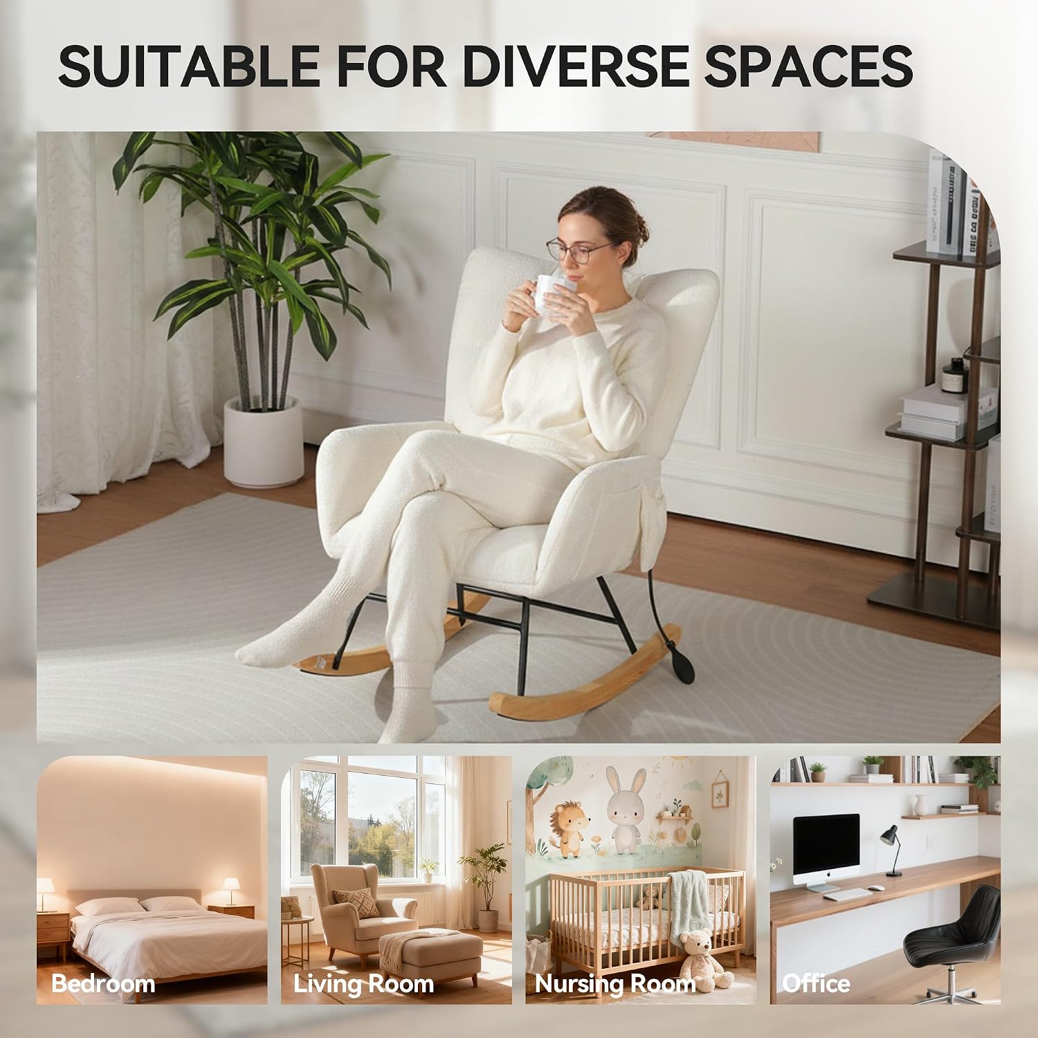 Rocking Chair with Airbag, Comfy Modern Reading & Nursing Nursery Rocking Chair Indoor, Cozy Upholstered Glider Rocker Chairs for Living Room Bedroom Offices, (Chenille, White)