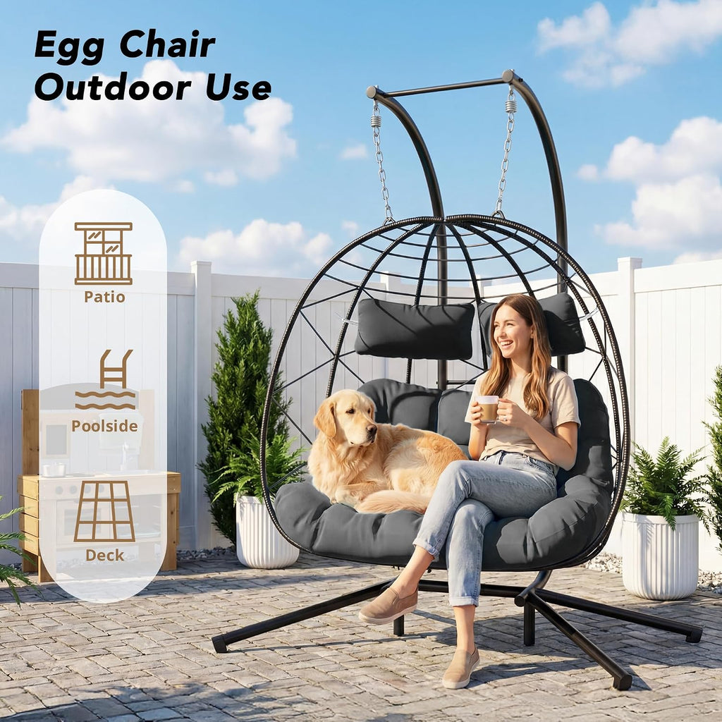 Easyego 2-Person Wicker Hanging Egg Chair with Stand- 700 lb Capacity, Indoor/Outdoor Double Egg Swing Hammock Chair for Patio, Garden, Porch, Living Room, Bedroom-Dark Grey