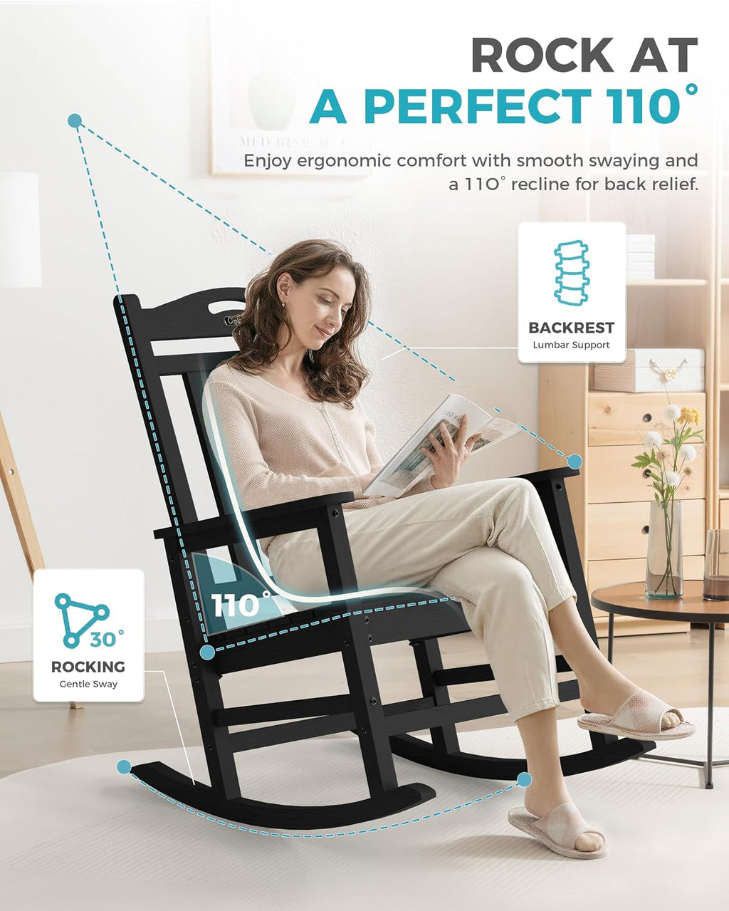 Ciokea Oversized Outdoor Rocking Chairs Set of 8, 380lbs Heavy-Duty Large Patio Rocker, High Back Cozy Porch Chairs, Weather Resistant Patio Rocking Chairs for Outside, Fire Pit, Deck, Black