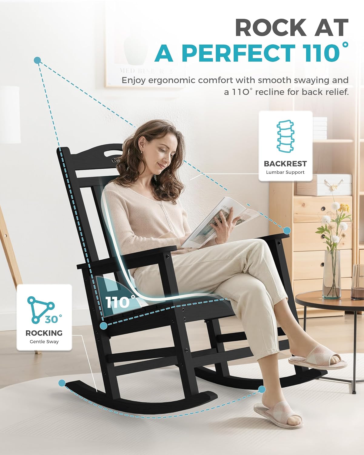 Ciokea Oversized Outdoor Rocking Chairs Set of 8, 380lbs Heavy-Duty Large Patio Rocker, High Back Cozy Porch Chairs, Weather Resistant Patio Rocking Chairs for Outside, Fire Pit, Deck, Black