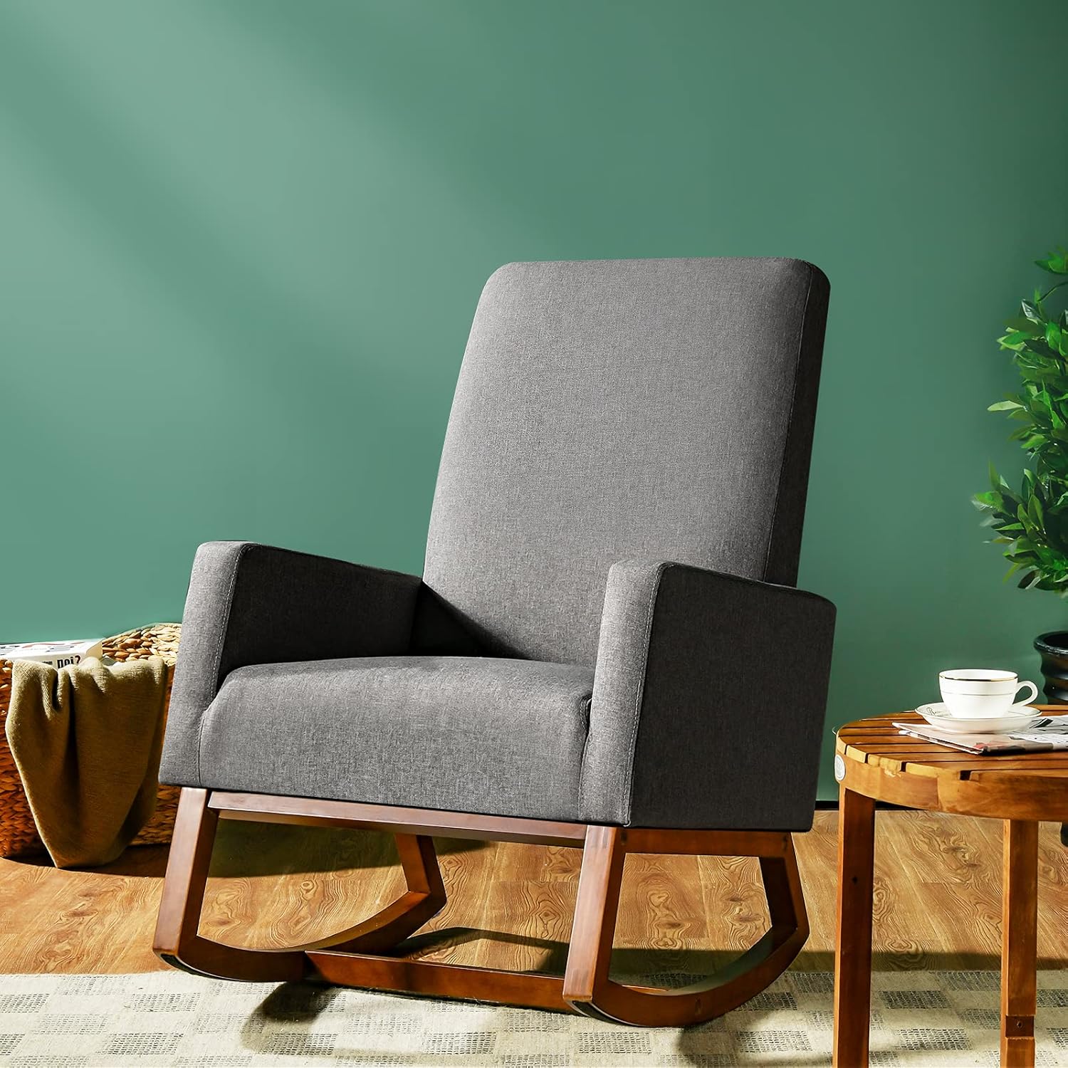 Giantex Upholstered Rocking Chair, Modern Fabric Armchair w/Wood Base, Side Pocket, Linen Padded Seat, High Back Accent Glider Rocker Chair, Mid-Century Leisure Chair for Nursery, Living Room (Gray)