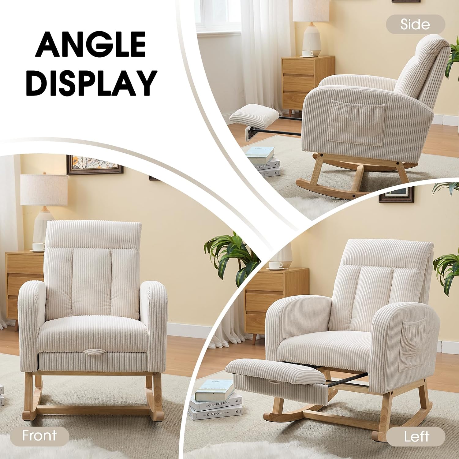 NIOIIKIT Nursery Rocking Chair, Corduroy Upholstered Rocking Chair with Adjustable Footrest, Tufted Rocker Chair with Side Pocket, Glider Rocker for Living Room (Cream Casual)