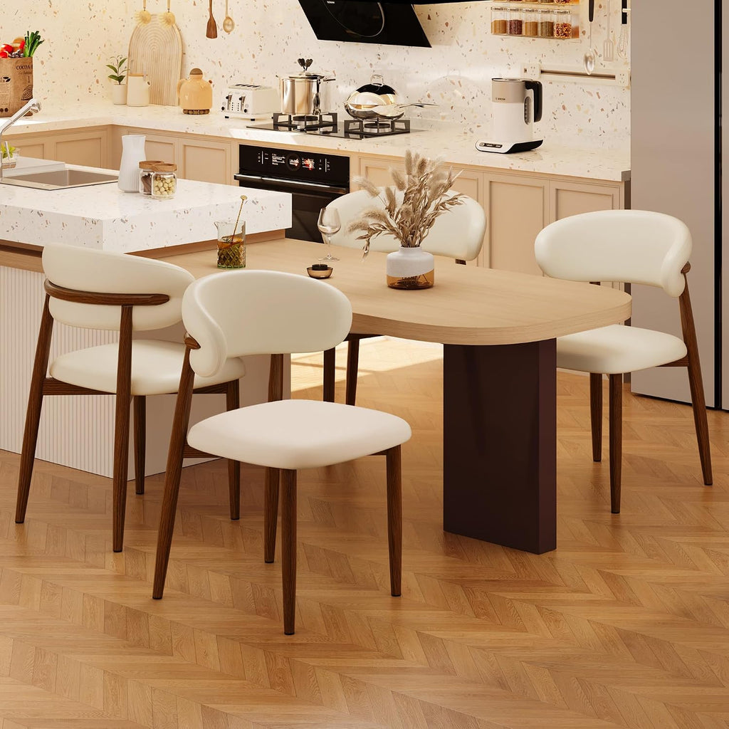 Kitchen Dining Chairs Set of 2 Modern Upholstered Leather Farmhouse Dining Room Chair with Metal Legs, Walnut/Beige