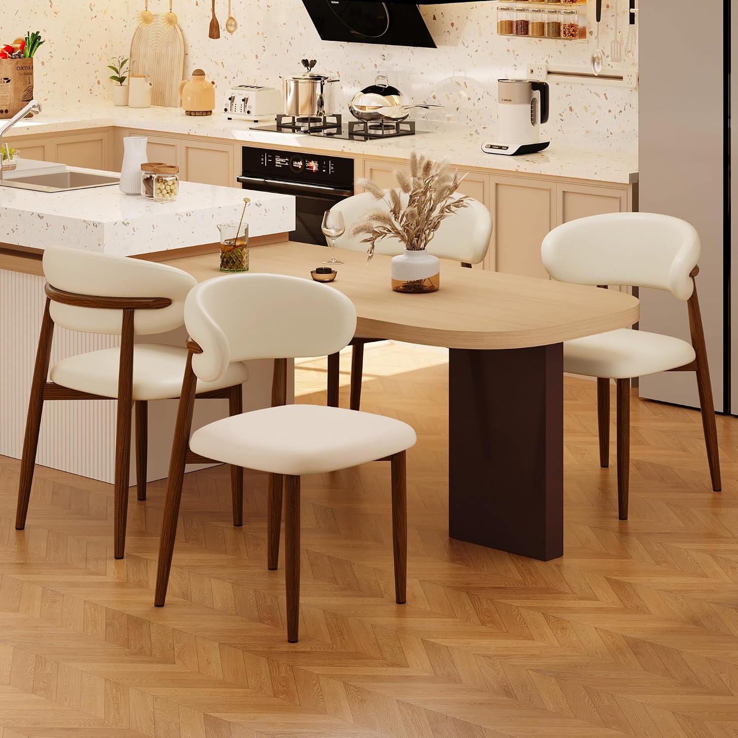 Kitchen Dining Chairs Set of 2 Modern Upholstered Leather Farmhouse Dining Room Chair with Metal Legs, Walnut/Beige