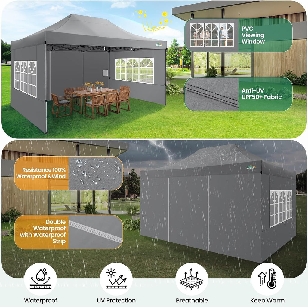 COBIZI 10x15 Heavy Duty Pop up Canopy Tent with 4 sidewalls, Commercial Outdoor Tents for Parties,Backyard Event, Wedding, All Season Waterproof Event Shelter with Carry Bag, Gray(Frame Thickened)