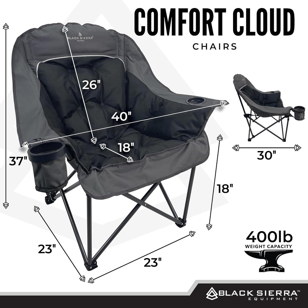 Black Sierra Plush XL Padded Camping Chairs for Adults, 2-Pack Oversized Heavy Duty Folding Seats Supports 400 lbs, Duo Plush Comfort with Cup Holders & Carry Bag for Camping, Tailgating, Patio, RV