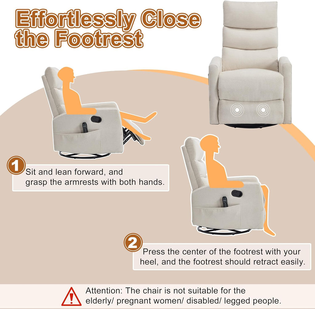 Manual Swivel Rocker Recliner Chair with Vibration Massage, Overstuffed Glider Chair with Lumbar Heat for Nursery, Living Room Reclining Sofa Chair, Chenille Fabric Beige