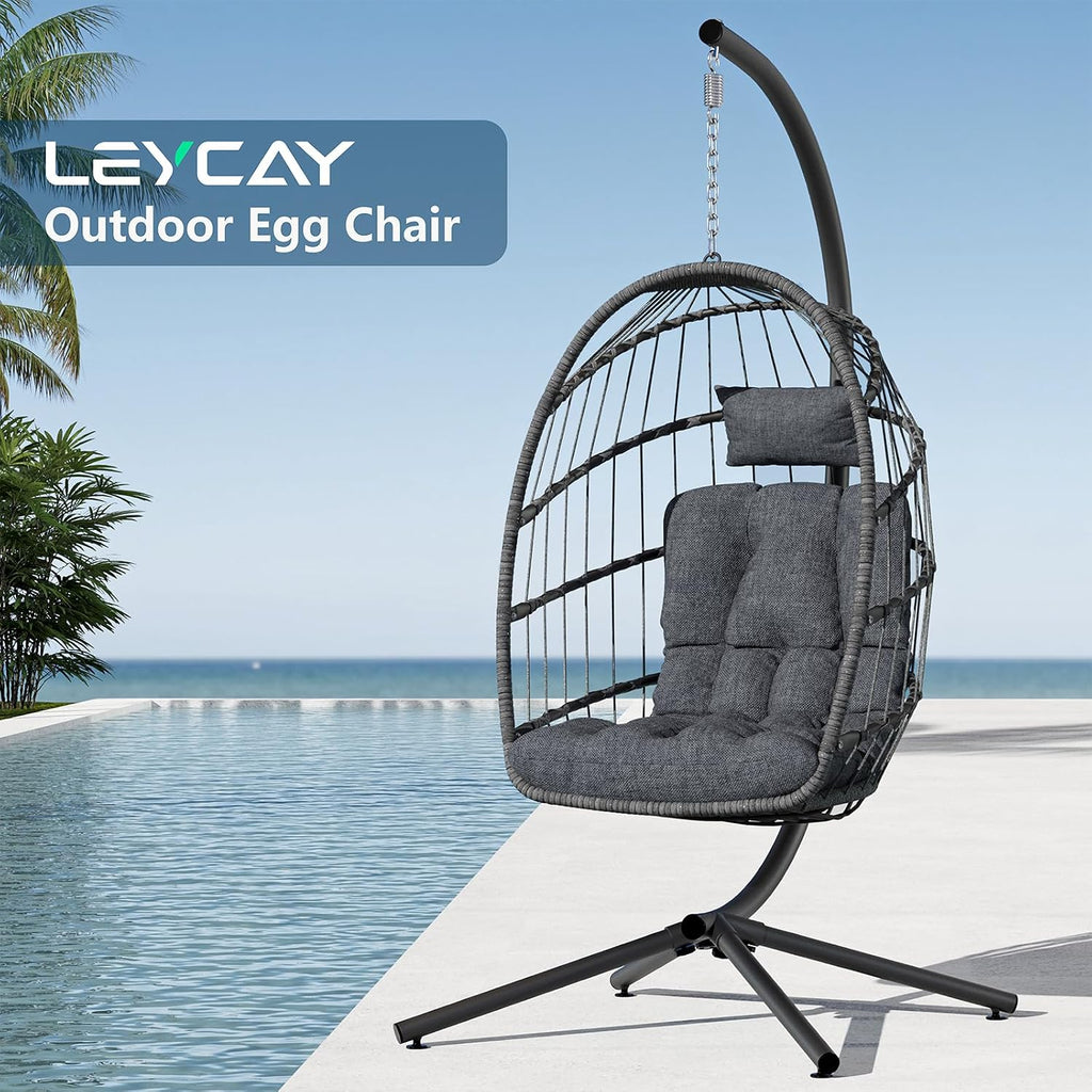LEYCAY Hanging Egg Chair with Stand, Outdoor Indoor Swing Egg Chair with Cushion, Wicker Hammock for Patio, Bedroom 350 LBS Capacity-Dark Grey