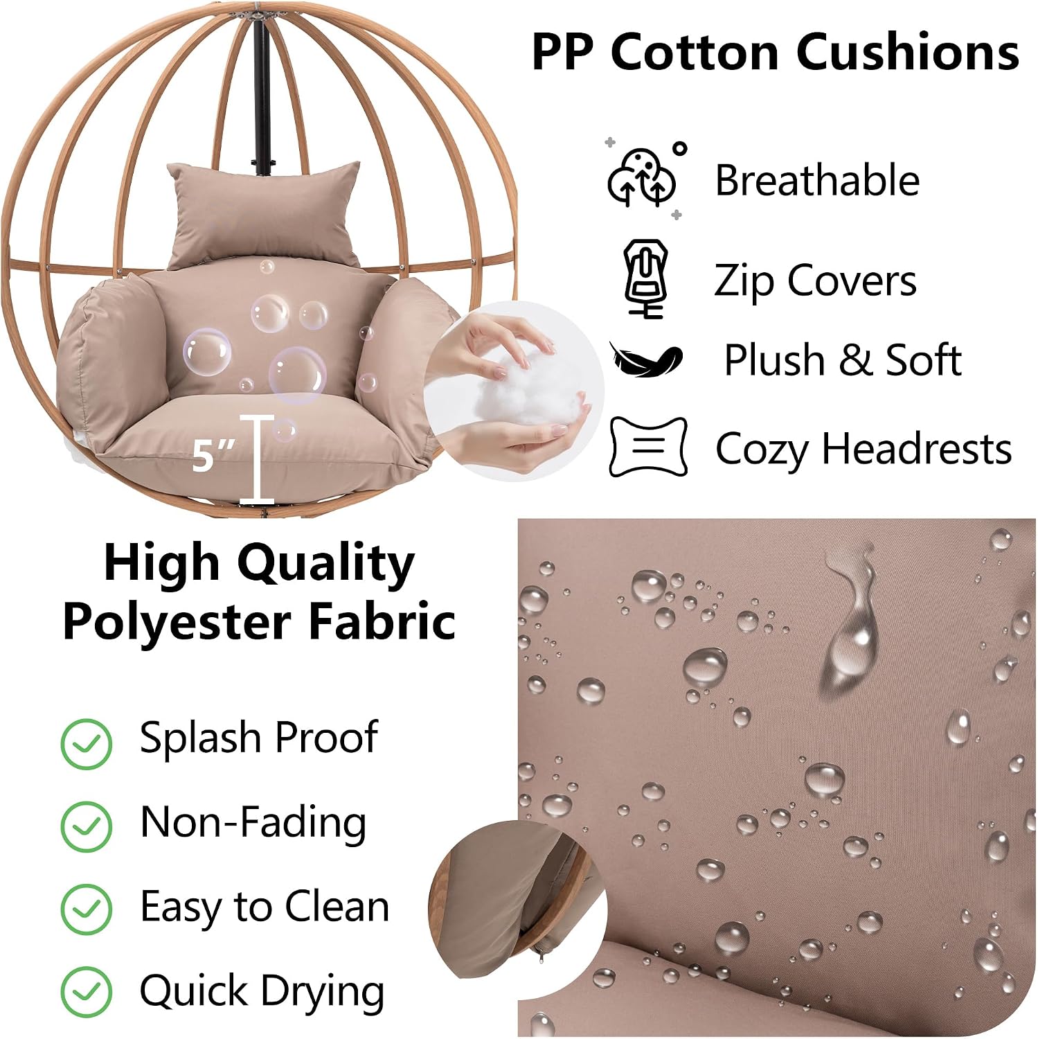 Egg Chair Outdoor, Imitation Rattan Hanging Egg Chair with Stand, Hanging Chairs with Cushions, 80' High All Weather Basket Swinging Chairs, Egg Swing Chairs Outdoorfor Balcony/Deck, Khaki