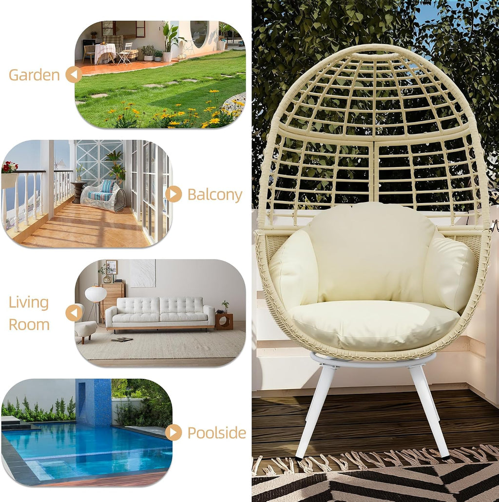 TWT Egg Swivel Chair Beige Outdoor - Rattan Wicker Patio Hammock Chair with Metal Frame and UV Resistant Cushion for Indoor Bedroom Balcony (Swivel Base)