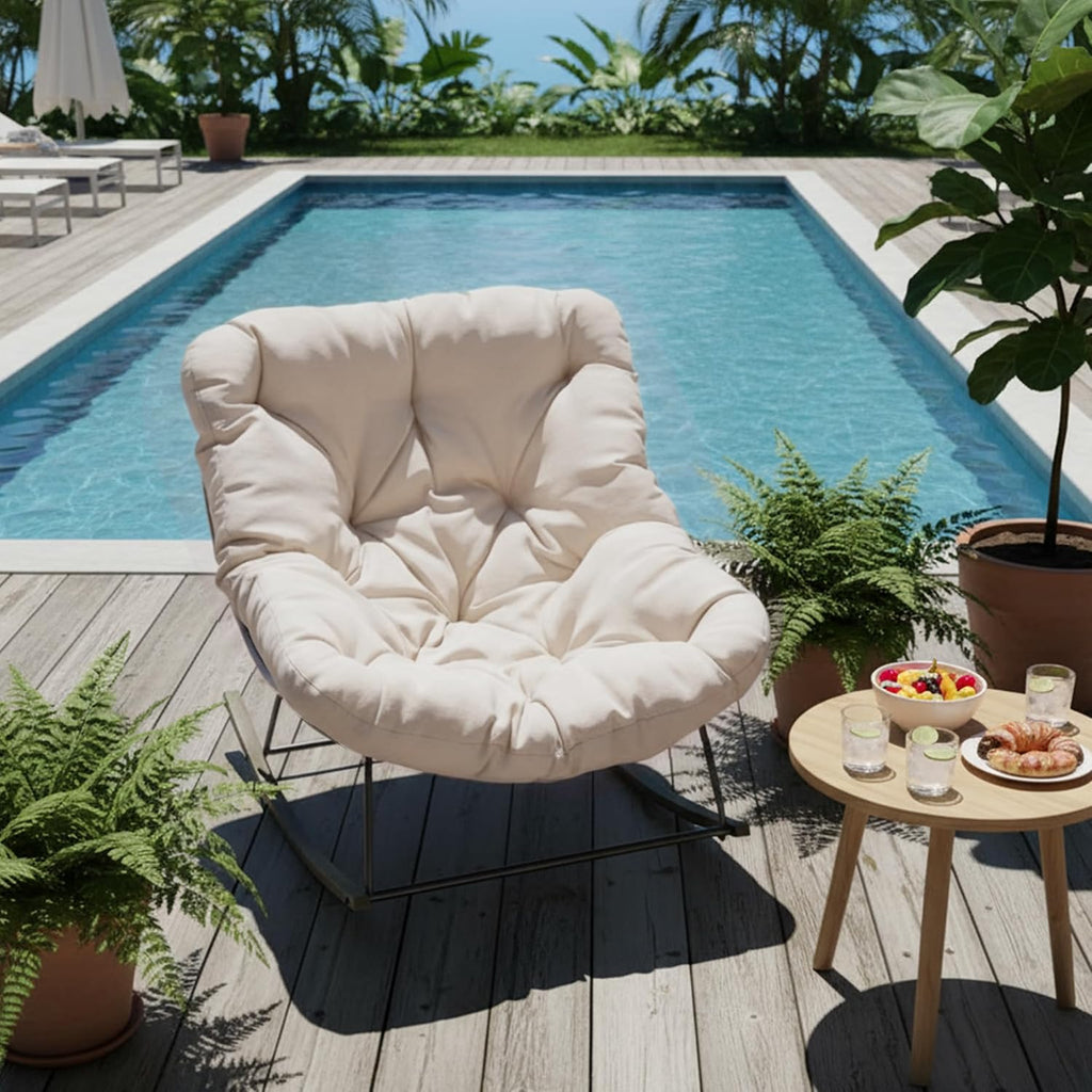 Outdoor Rocking Chairs Set of 2,Oversized Papasan Chair with Cushion and Frame, Comfy Modern Rocker Egg Chair for Living Room, Garden Backyard(Beige,2PC)