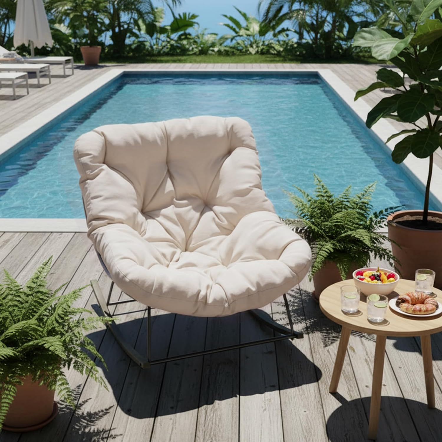 Outdoor Rocking Chairs Set of 2,Oversized Papasan Chair with Cushion and Frame, Comfy Modern Rocker Egg Chair for Living Room, Garden Backyard(Beige,2PC)