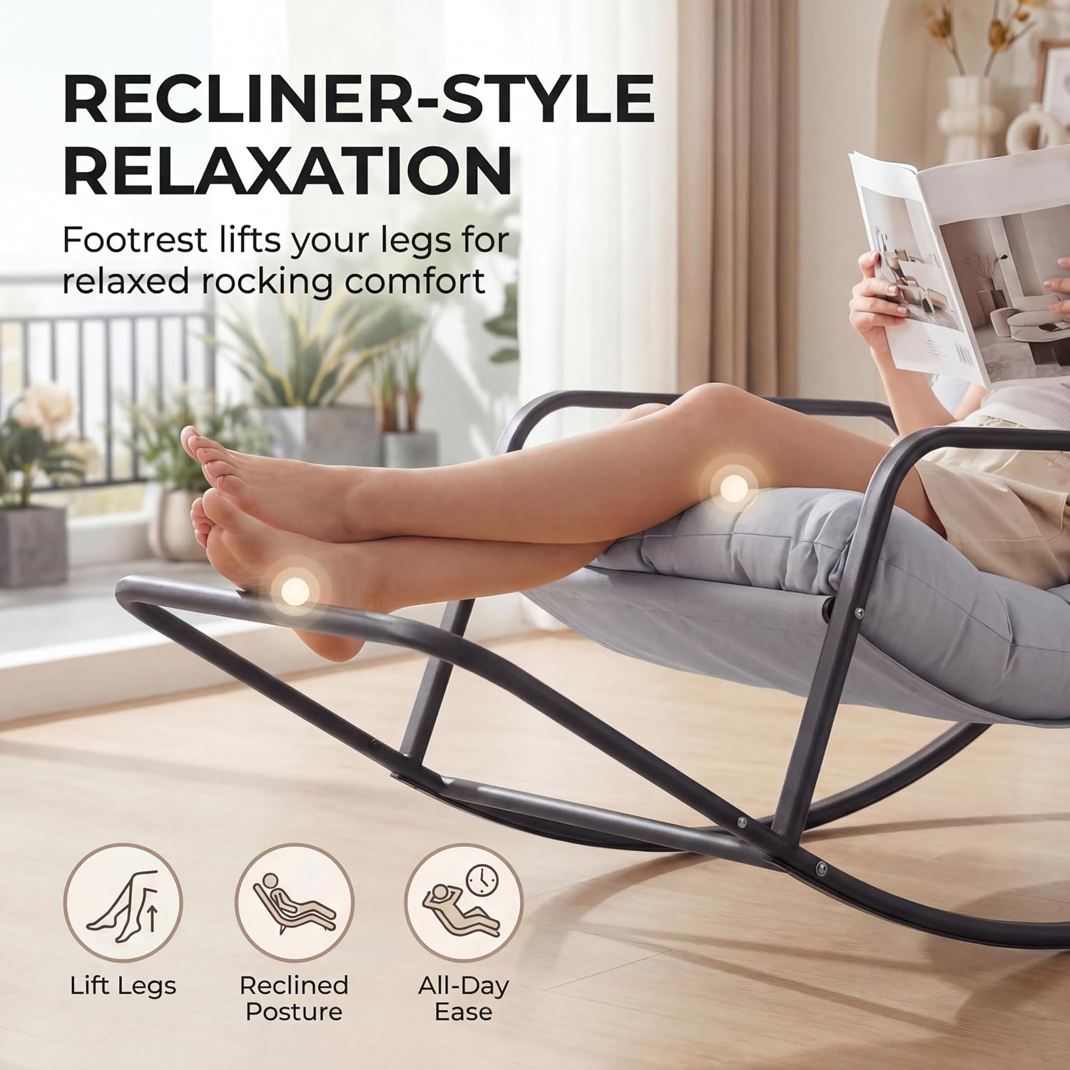 NICESOUL Set of 2 Papasan Rocking Chair with Footrest, Outdoor Rocking Chair with Cushion, Oversized Patio Rocker, Modern Lounge Comfort, Heavy Duty Steel Frame, Indoor Porch, Grey