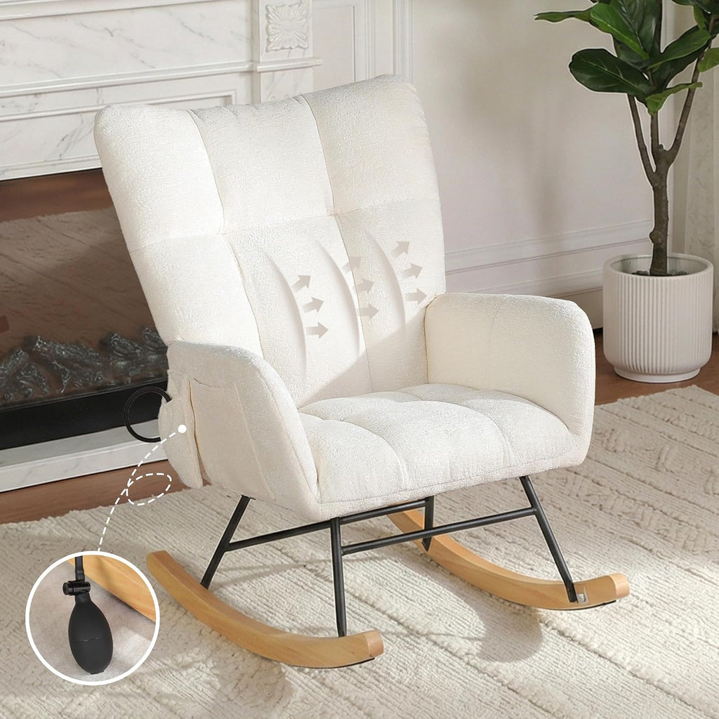 Rocking Chair with Airbag, Comfy Modern Reading & Nursing Nursery Rocking Chair Indoor, Cozy Upholstered Glider Rocker Chairs for Living Room Bedroom Offices, (Chenille, White)