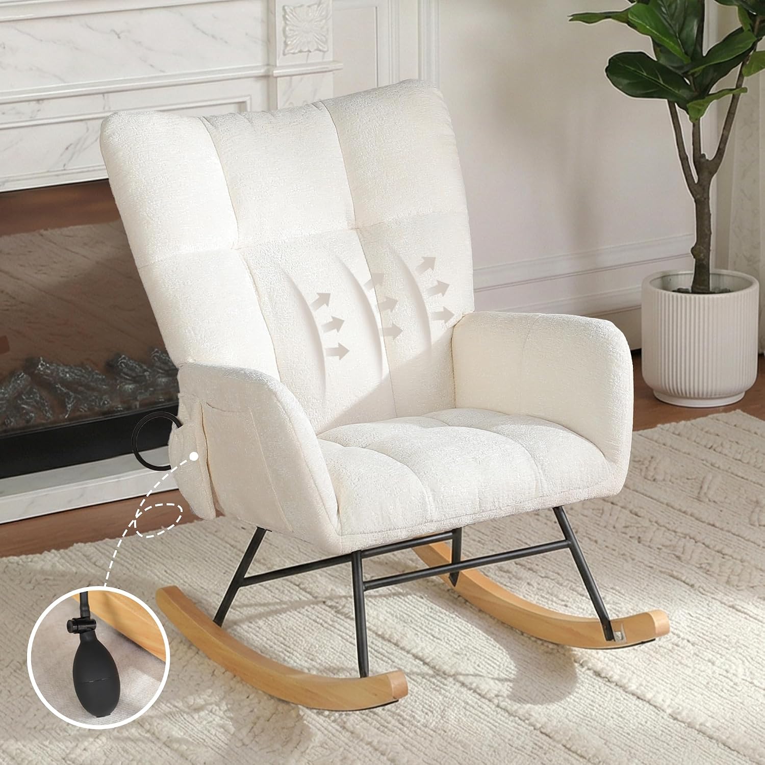 Rocking Chair with Airbag, Comfy Modern Reading & Nursing Nursery Rocking Chair Indoor, Cozy Upholstered Glider Rocker Chairs for Living Room Bedroom Offices, (Chenille, White)