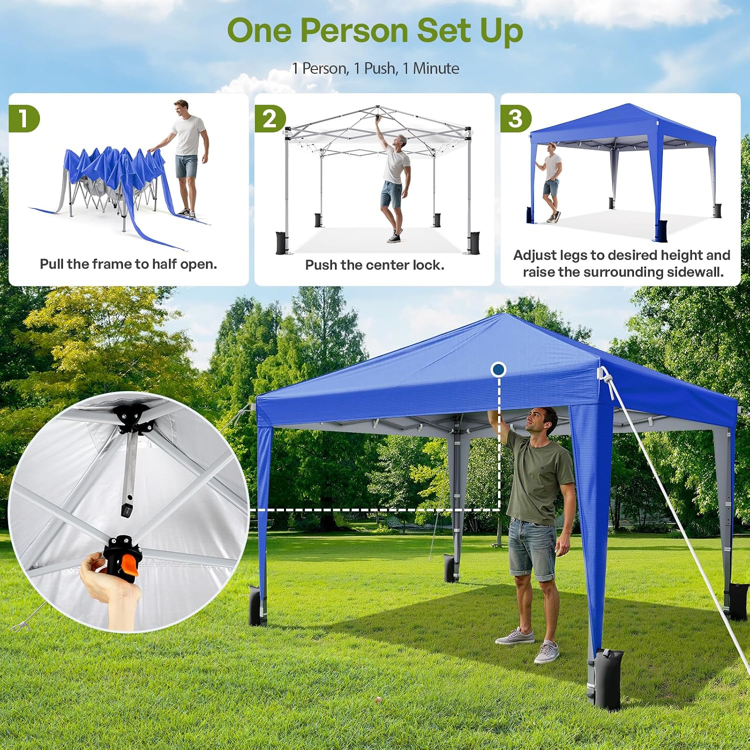 Driftalia 10x10 Pop Up Canopy with Sidewalls, Outdoor Instant Canopy Tent with Carry Bag for Commercial Events, Camping, Backyard Parties - Blue