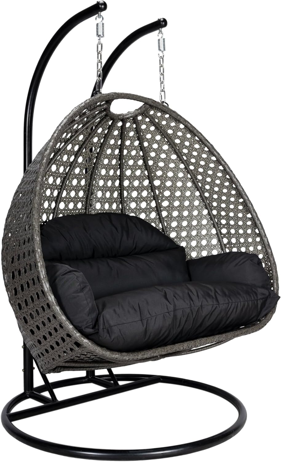 LeisureMod 2 Person Wicker Hanging Egg Chair with Stand & UV-Resistant Cushions for Indoor/Outdoor, Patio, Lounge, Hammock Seat, Black