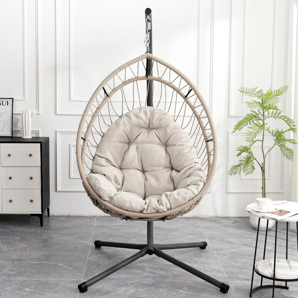 Hanging Egg Chair with Stand, Foldable Patio Hammock Egg Swing Chair Made by All-Weather Core-Spun Polyester Rope with Soft Cushion for Bedroom Garden Indoor Outdoor, 350Lbs Cap. (Grey)