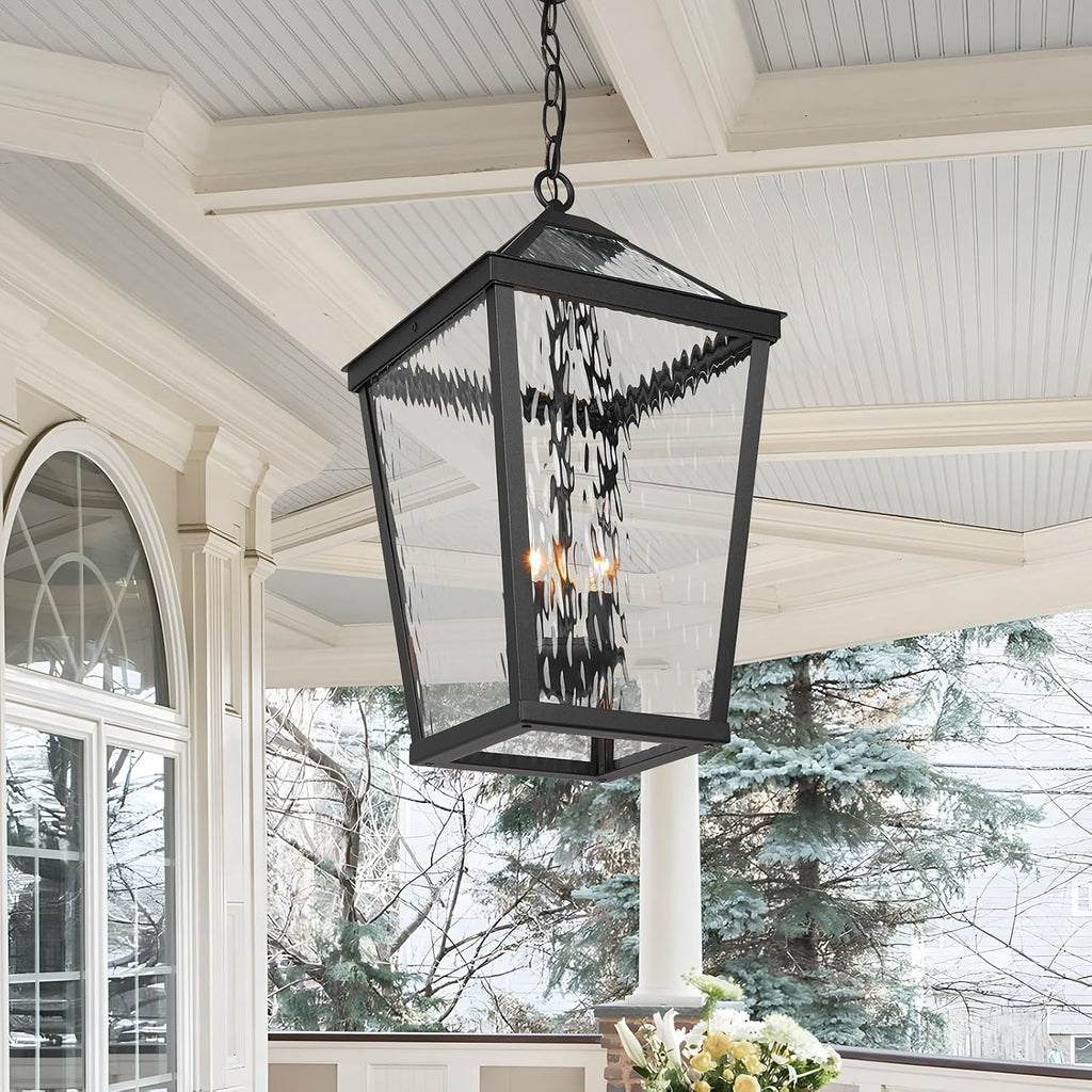 Treekee Outdoor Pendant Light, Modern Black Hanging Lantern Light for Front Porch, Adjustable Exterior Chandelier Fixture with E12 Sockets & Water Ripple Glass for Patio, Entryway, Garage, Gazebo