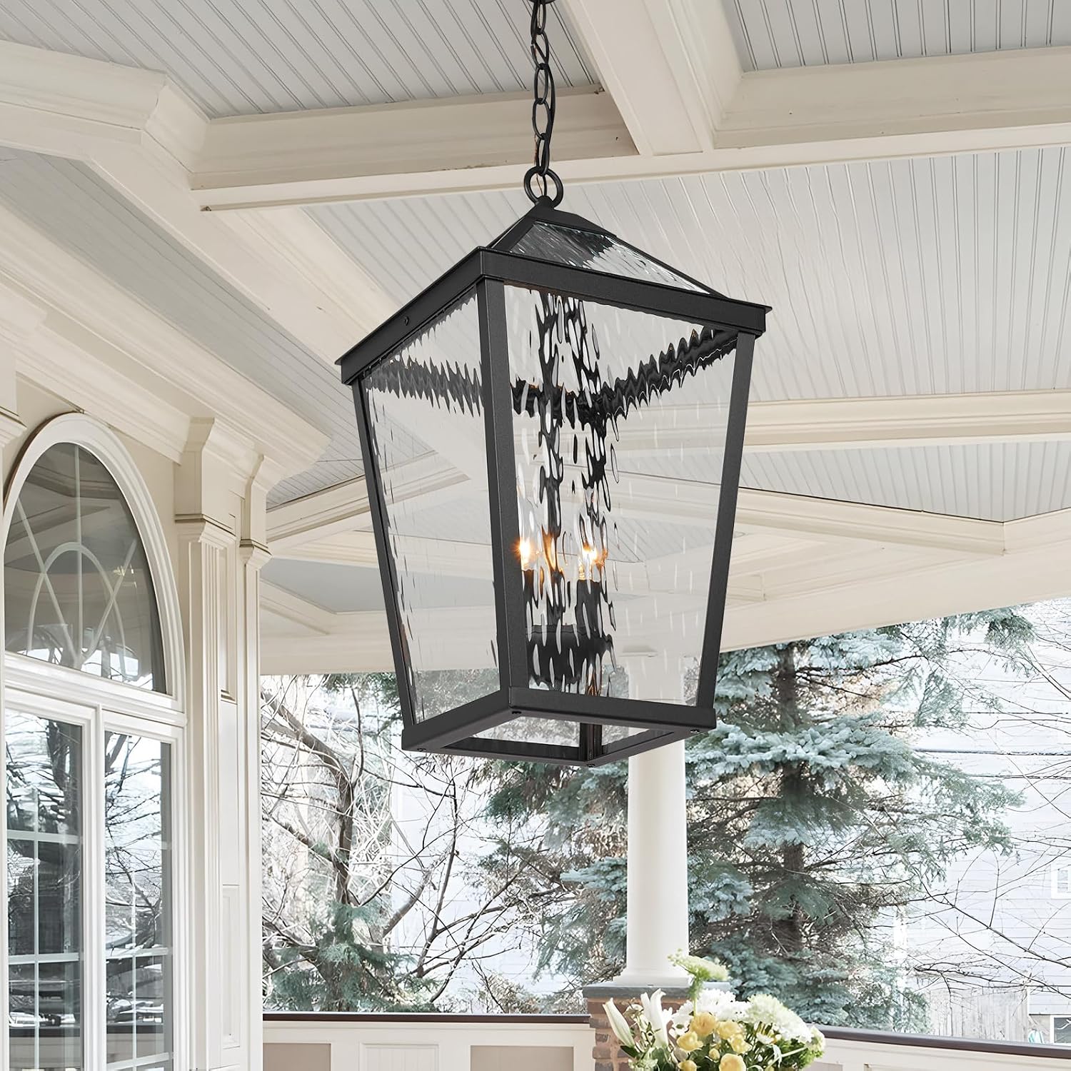 Treekee Outdoor Pendant Light, Modern Black Hanging Lantern Light for Front Porch, Adjustable Exterior Chandelier Fixture with E12 Sockets & Water Ripple Glass for Patio, Entryway, Garage, Gazebo