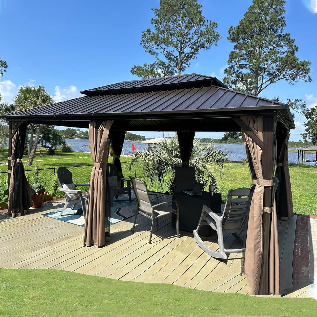 Hardtop Gazebo 12x18FT, Aluminum Outdoor Gazebo with Galvanized Steel Double Roof Canopy, Curtains and Nettings, Metal Gazebo Permanent Pavilion for Patio Wedding, Party, Outdoor Dining, Gray