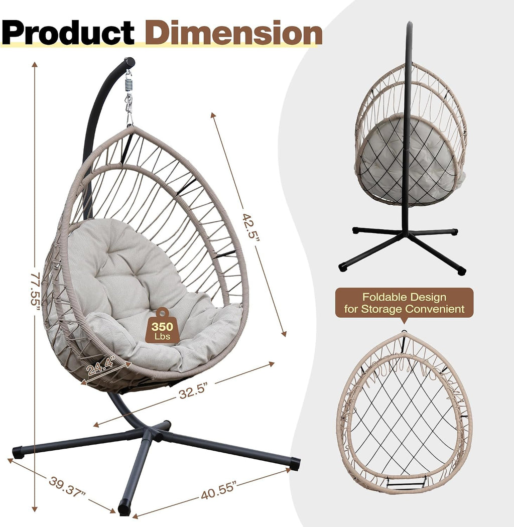 Hanging Egg Chair with Stand, Foldable Hammock Swing Chair Made by Durable All-Weather Core-Spun Polyester Rope with Yarn-Dyed Fabric Cushion for Indoor Outdoor, 350Lbs Capacity (Grey Cushion)