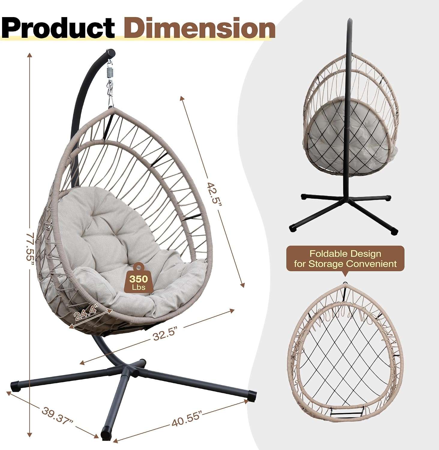 Hanging Egg Chair with Stand, Foldable Hammock Swing Chair Made by Durable All-Weather Core-Spun Polyester Rope with Yarn-Dyed Fabric Cushion for Indoor Outdoor, 350Lbs Capacity (Grey Cushion)