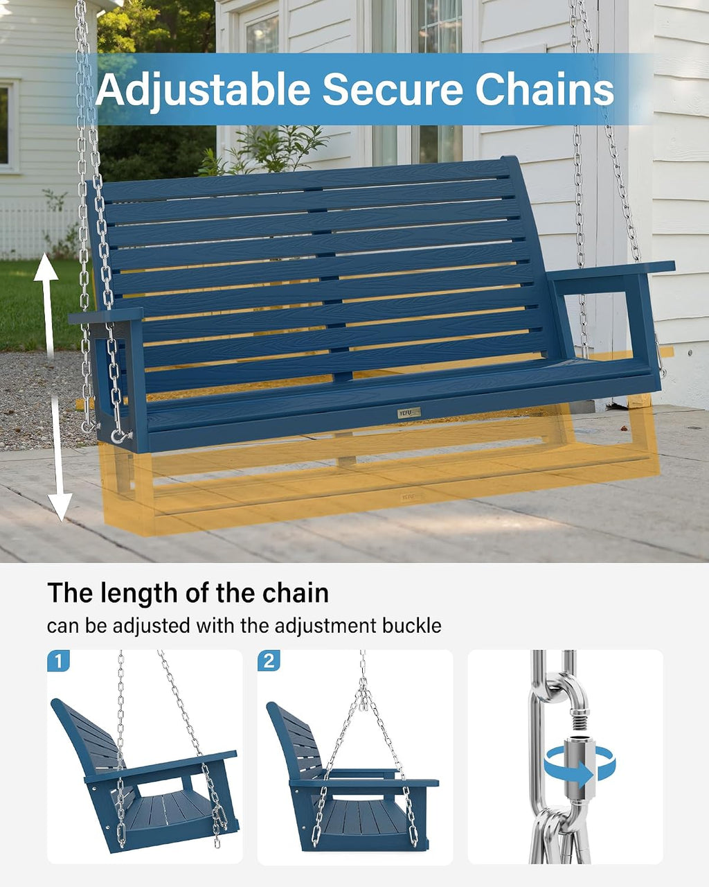 YEFU Hanging Porch Swing Outdoor: 2-Seat Patio Swing Bench-All Weather Swings Chair with Hanging Chains-Look Like Real Wood-Garden/Courtyard/660Lbs Weight Capacity/4FT/Navy Blue