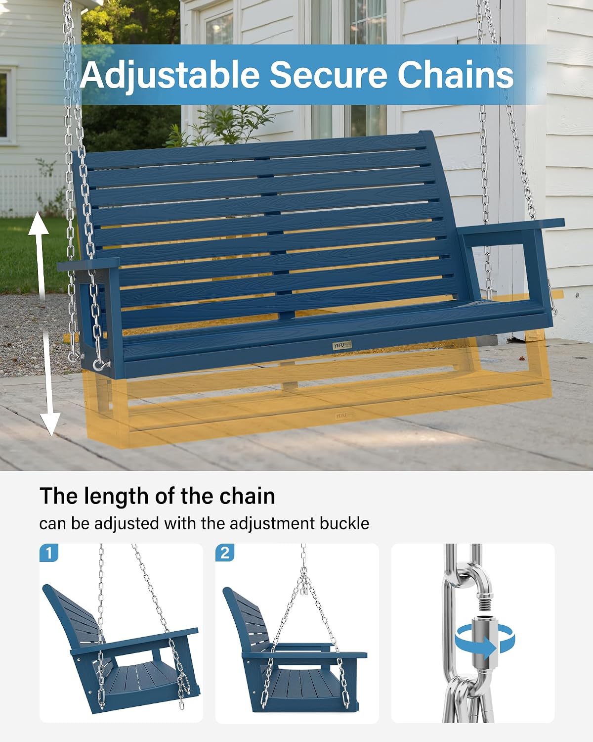 YEFU Hanging Porch Swing Outdoor: 2-Seat Patio Swing Bench-All Weather Swings Chair with Hanging Chains-Look Like Real Wood-Garden/Courtyard/660Lbs Weight Capacity/4FT/Navy Blue
