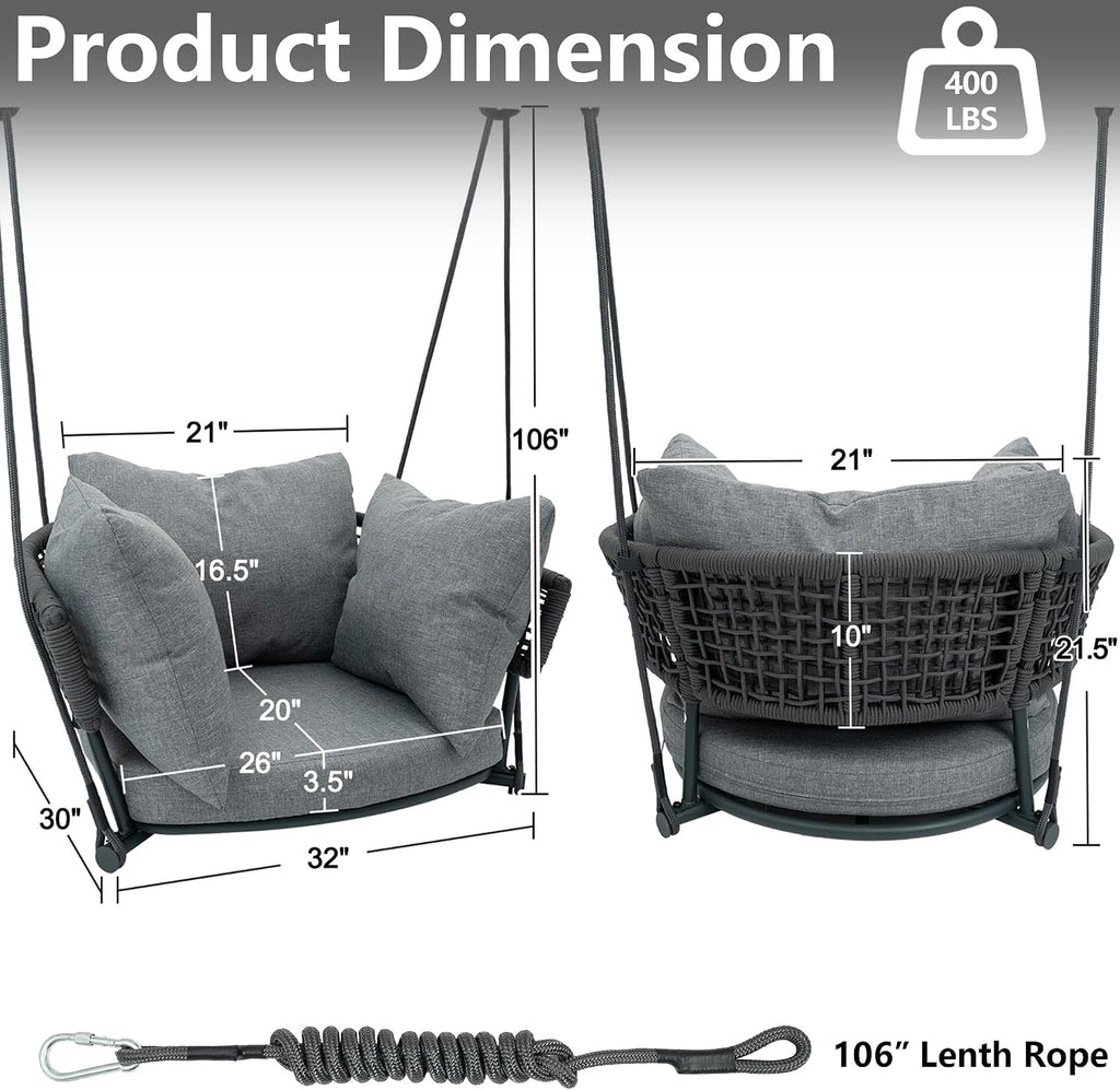 Single Seater Porch Swing, Macrame Hanging Swing Chair Outdoor, Hammock Chairs for Adults, Outdoor Patio Swings with Cushions, Rope Rattan Hanging Chairs, Reading Nook Chair for Bedroom, Grey