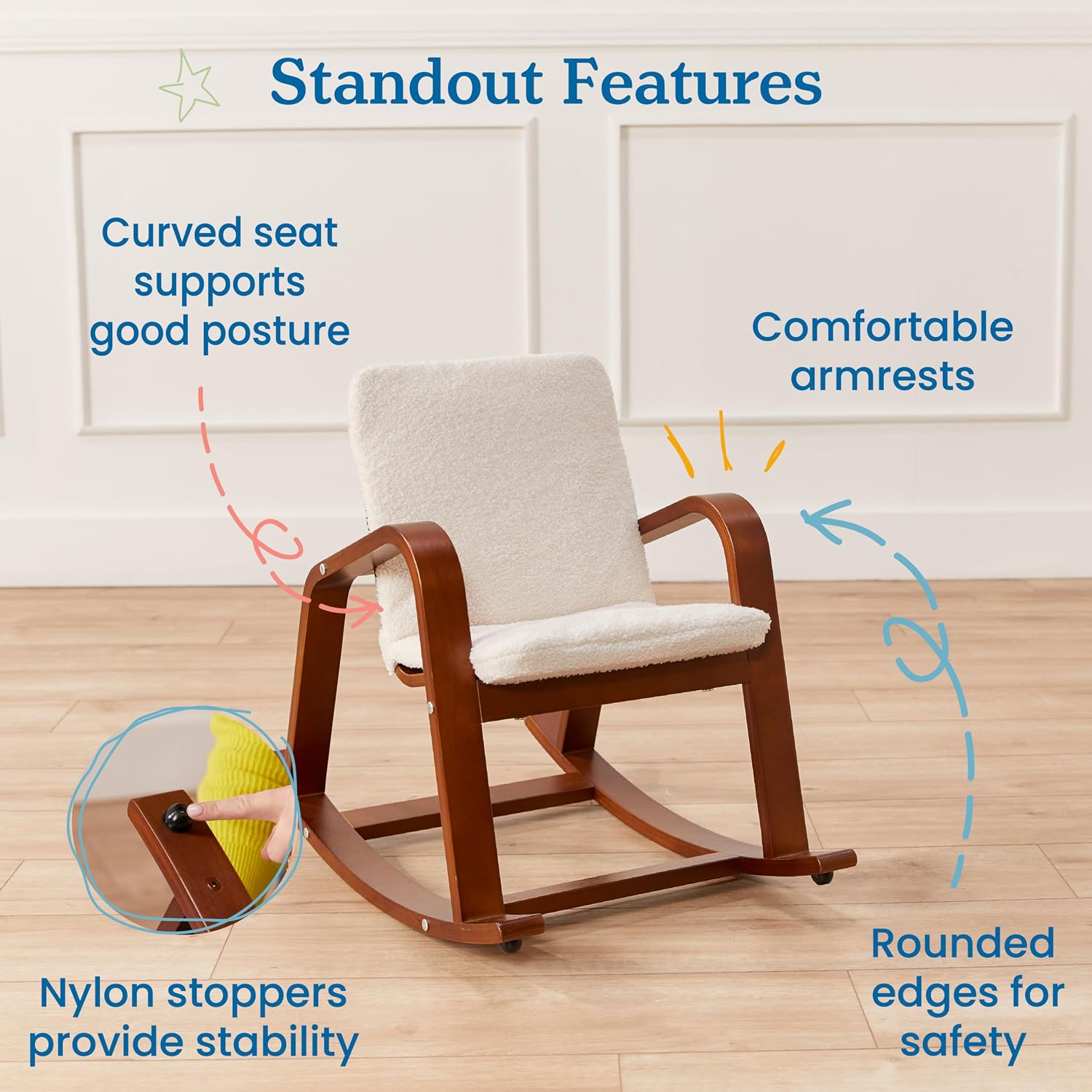 ECR4Kids Bentwood Reading Rocking Chair with Armrests and Cushion, Montessori Furniture, Dark Walnut