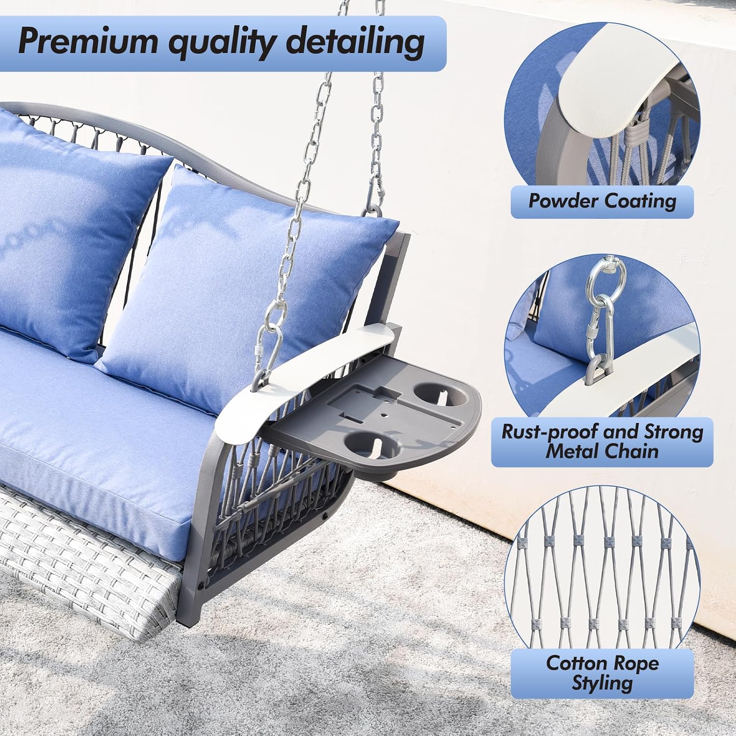 ZZW Wicker Porch Swing Heavy Duty 900 LBS 3-Seat Outdoor Patio Swing Chair with Cushions & 8.9ft Chains Outdoor Hanging Bench with Upgraded Cup Holders for Garden Deck Backyard