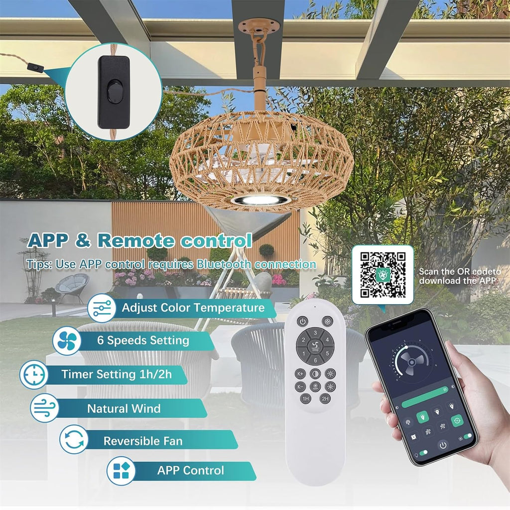15'' Outdoor Gazebo Fan with Light, Outside/Indoor Hanging Rattan Ceiling Fan with Remote&APP Control, 3CCT Dimmable, 6-Speed DC Motor, Plug-in Wicker Woven Caged Ceiling Fans for Patio Pergola