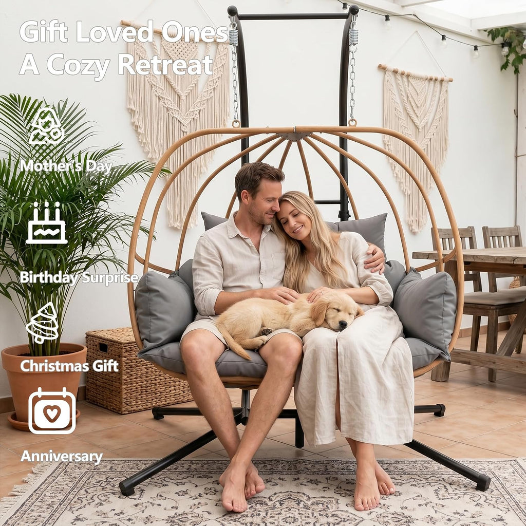 Double Egg Swing Chair Outdoor, 2 Person Egg Chair Outdoor with Cushions, Imitation Rattan Hanging Egg Chairs Basket, Hanging Chairs with Stand, Metal Nest Swing Egg Chair for Balcony, Grey